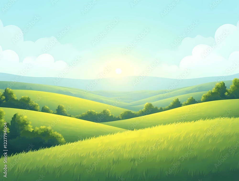 Fototapeta premium Flat view of charming hills, green grass, bushes, small trees, clear horizon, sunny weather