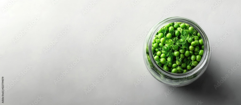 Fresh green peas in a glass jar on a white background showcasing vibrant color with ample copy space for creative text or branding. Fresh green peas in a glass jar on a white background showcasing vibrant color with ample copy space for creative text or branding.