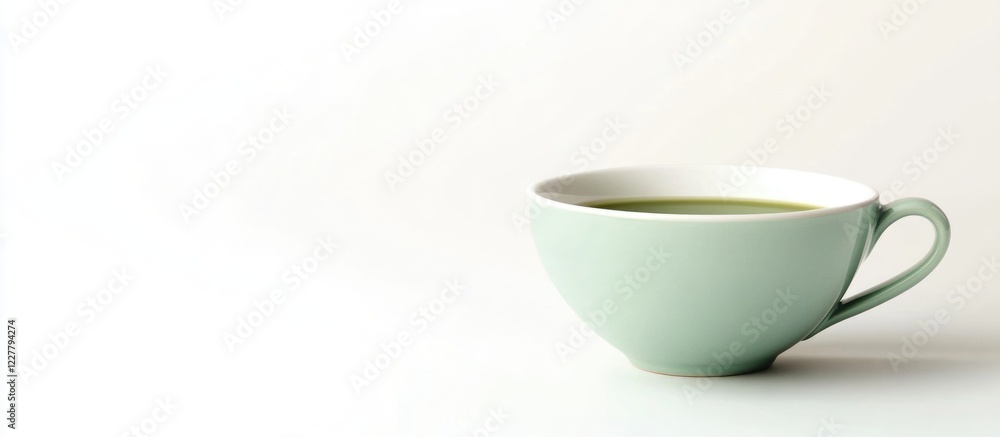 Green matcha tea in a light green cup isolated on white background with ample empty space for text or branding purposes Green matcha tea in a light green cup isolated on white background with ample empty space for text or branding purposes