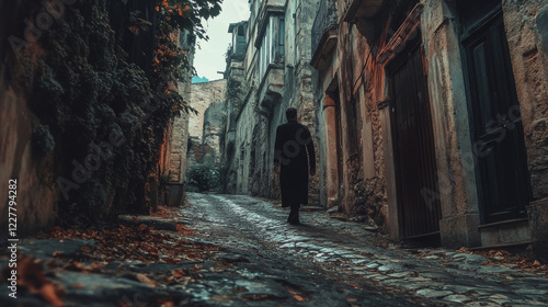 Fototapeta Naklejka Na Ścianę i Meble -  A traveler moves through an ancient city, stepping carefully over cobblestone streets and passing towering ruins