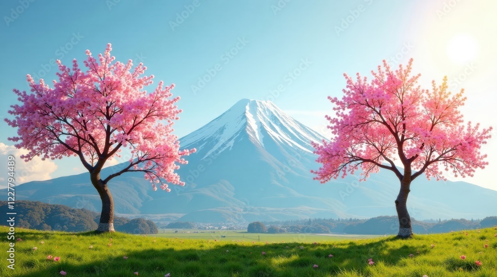 Serene landscape showcasing two blossoming pink trees in a verdant meadow, with a majestic snow-capped mountain forming a breathtaking backdrop under a vibrant, clear sky. Serene landscape showcasing two blossoming pink trees in a verdant meadow, with a majestic snow-capped mountain forming a breathtaking backdrop under a vibrant, clear sky.