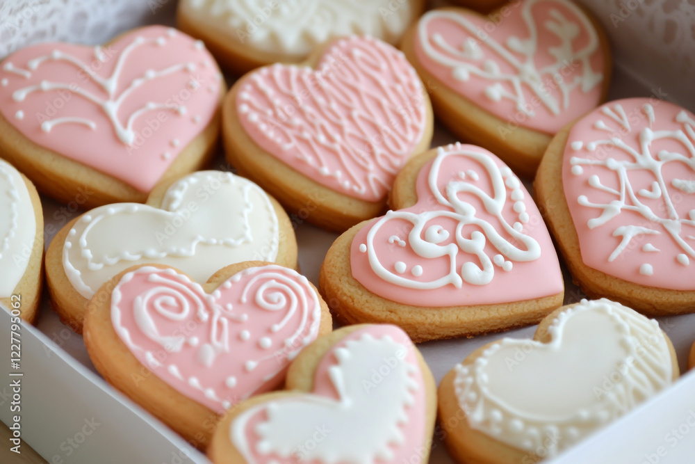 A box of heart-shaped cookies, iced in pastel pinks and whites with delicate patterns. A box of heart-shaped cookies, iced in pastel pinks and whites with delicate patterns.