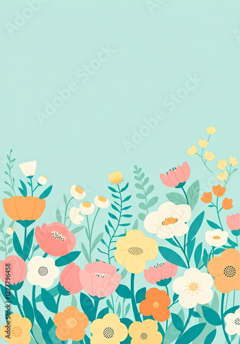 Colorful Floral Illustration with Pastel Flowers and Green Foliage on Light Blue Background