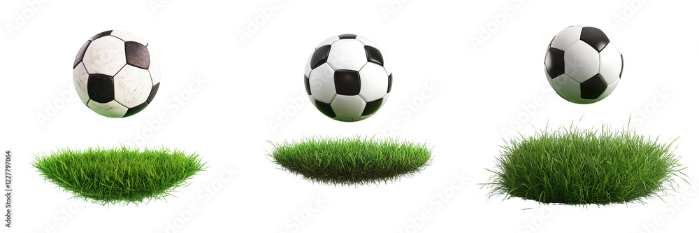 Obraz premium ]Set of A classic black-and-white soccer ball resting on freshly cut green grass under a bright on transparent png background. Ai generated