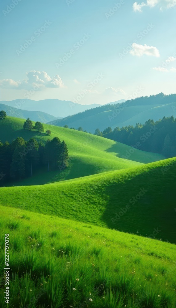 Obraz premium Rolling hills of vibrant green grass and dark shadows of a wooded area , vegetation, wildlife