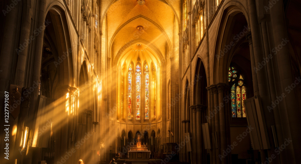Fototapeta premium Sunlit Cathedral Interior with Stained Glass and Arched Architecture