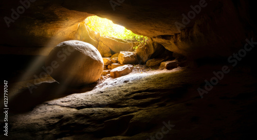 Wallpaper Mural Sunlit Entrance to a Natural Cave with Large Boulder Torontodigital.ca