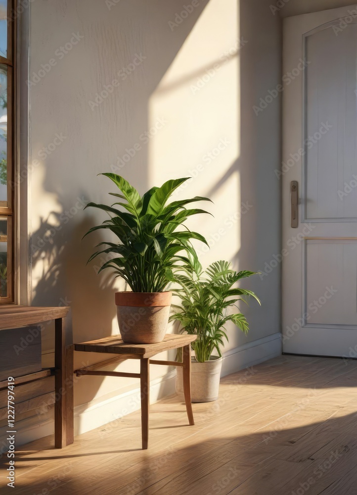 Fototapeta premium Potted plant on wooden bench in sunlit entryway, wooden bench, natural beauty