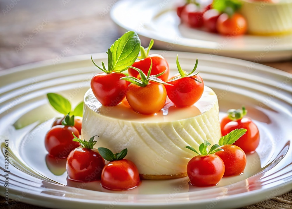 Creamy Cheese Dessert with Tomato Slices on White Plate - Gourmet Food Photography Creamy Cheese Dessert with Tomato Slices on White Plate - Gourmet Food Photography