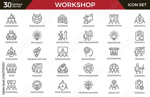 Workshop icon set. Collection of training, meeting, seminar, team building and more. Vector illustration isolated on white. Editable stroke.