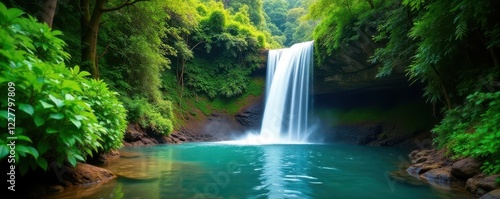 Chamarel's cascading water, lush green foliage, adventure, powerful photo