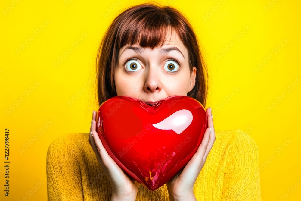 Sign of love and affection. Commercial digital ads conceptual art. Adult valentine's day greeting card: midlife woman with elated face holds red heart in hands. Valentine's day dining. Sign of love and affection. Commercial digital ads conceptual art. Adult valentine's day greeting card: midlife woman with elated face holds red heart in hands. Valentine's day dining.