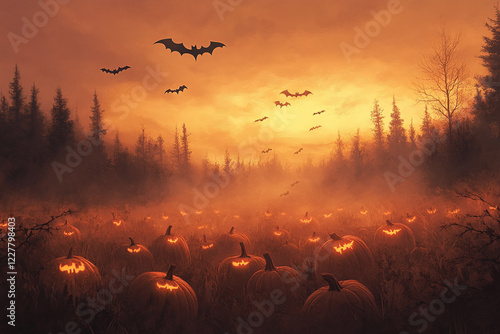 Glowing Jack-o'-Lanterns in a Spooky Forest Under Full Moon with Flying Bats and Autumn Leaves Creating an Eerie Halloween Night Atmosphere
