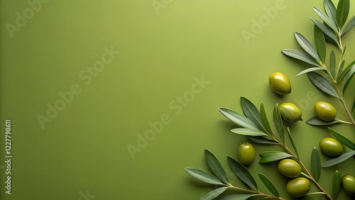 Fresh Green Olives and Olive Branches on Green Background