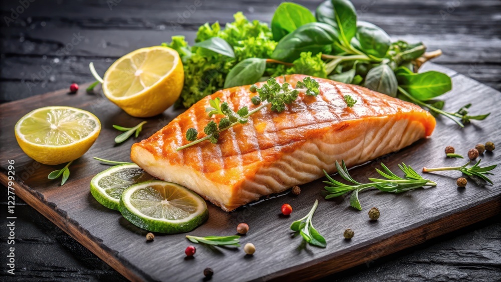 Fresh grilled salmon fillet with green salad on a black cutting board, garnished with lemon wedges and fresh herbs Fresh grilled salmon fillet with green salad on a black cutting board, garnished with lemon wedges and fresh herbs