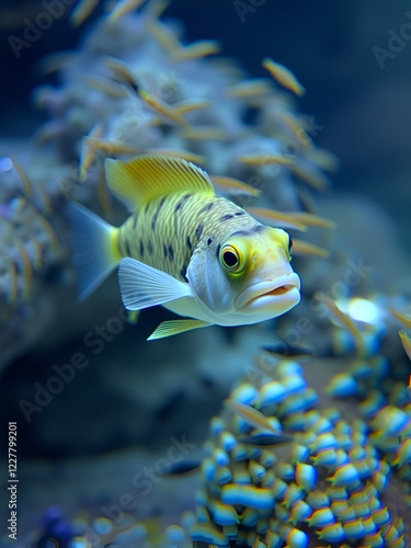 Ein lustiger kleiner Fisch mit vielen Fransen in einem Meerwasseraquarium. Chaetodermis penicilligera. photo