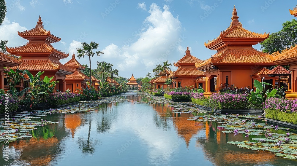 Tranquil Water Canal With Orange Asian Style Buildings Tranquil Water Canal With Orange Asian Style Buildings