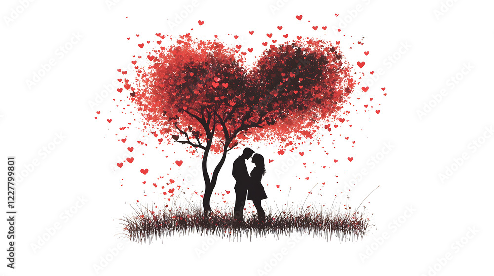 Valentine's Day card with a silhouette of a couple under a heart-shaped tree isolated on white background in HD Valentine's Day card with a silhouette of a couple under a heart-shaped tree isolated on white background in HD