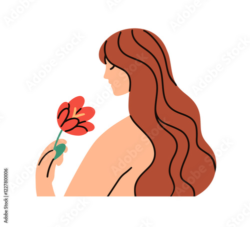 Woman with long hair holding flower. Calm tender female smelling and enjoying gentle floral in hand. Beauty, femininity, tenderness concept. Flat vector illustration isolated on white background