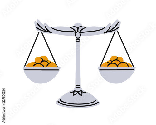 Scales with balanced pans, equal weights. Weighing device with golden coins, money in equilibrium. Financial equality concept. Weigher with gold. Flat vector illustration isolated on white background