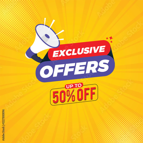 Exclusive offer Banner. Exclusive offers social media post template. Offers vector template set design.
Simple and modern vector illustration with Red background. 50% Discount banner, sticker, poster,