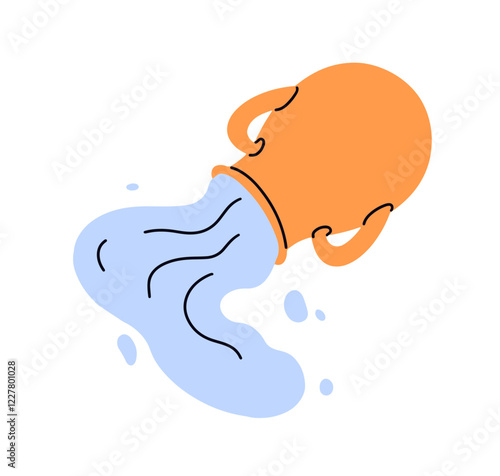 Jug pouring water out. Aqua flow, liquid stream, current, splashes from vessel, turned upside down. Spilling away. Aquarius, zodiac sign. Flat vector illustration isolated on white background