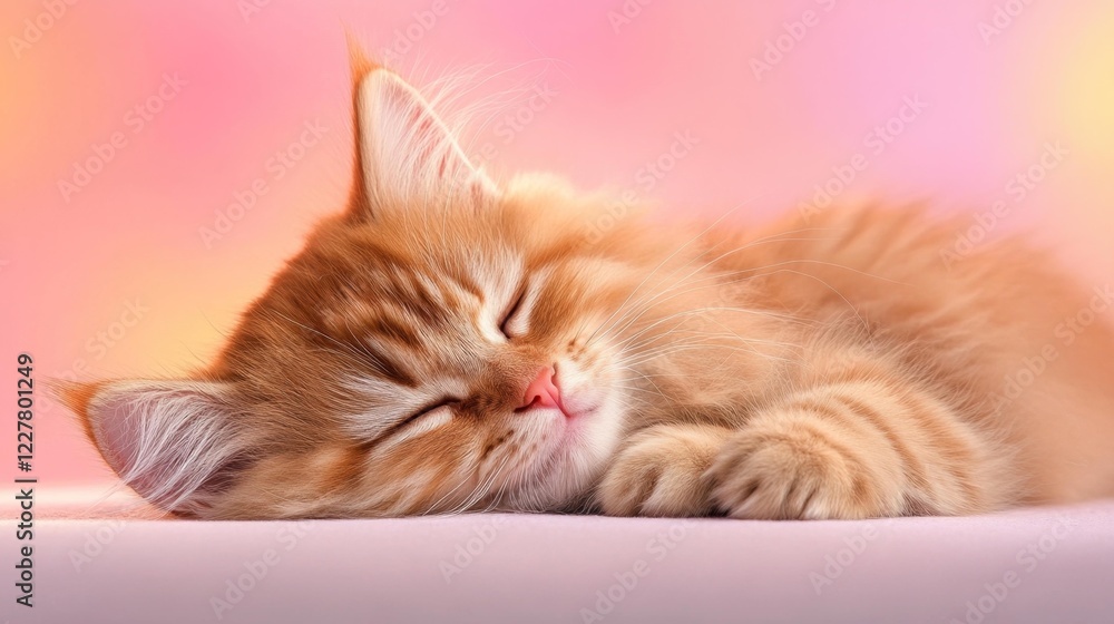 Peaceful Turkish Angora Cat Resting on Pink Surface. Generative AI Peaceful Turkish Angora Cat Resting on Pink Surface. Generative AI