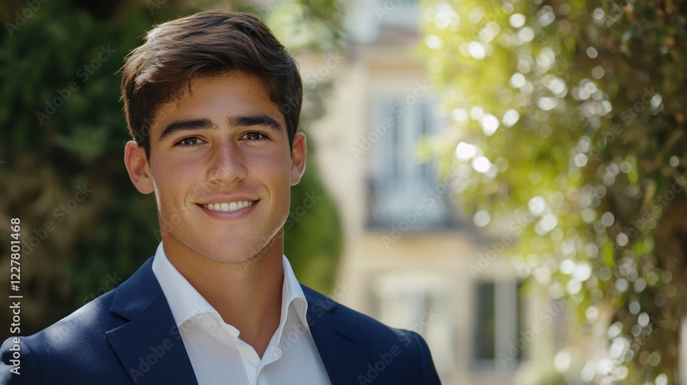 Young man smiling in garden setting with greenery Young man smiling in garden setting with greenery