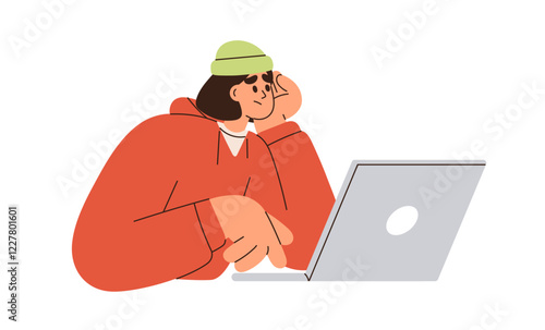 Young man studying at laptop. Bored upset student sitting at notebook computer. Remote freelance work. Freelancer in boredom, burnout concept. Flat vector illustration isolated on white background
