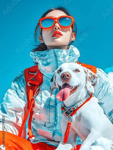 Stilvolle Frau mit Hund in winterlicher Berglandschaft
 photo