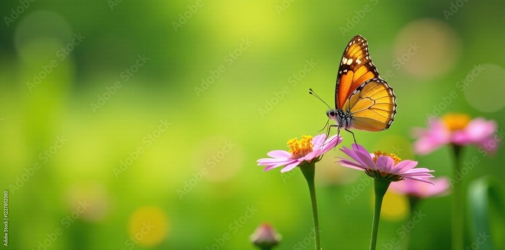 Fototapeta premium Butterfly and flowers on a green meadow, colorful flowers, insect, nature