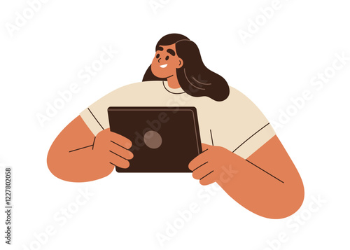 Woman with digital tablet computer in hands. Happy young female character holding pad device, gadget. Smiling excited student using technology. Flat vector illustration isolated on white background