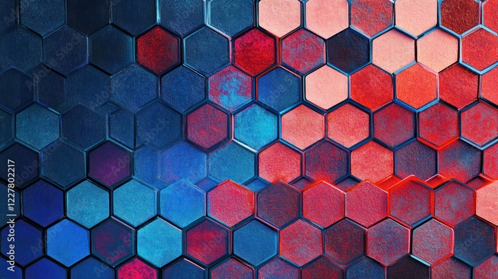 Hexagonal pattern of blue to red transition for modern design, technology, background or abstract use Hexagonal pattern of blue to red transition for modern design, technology, background or abstract use
