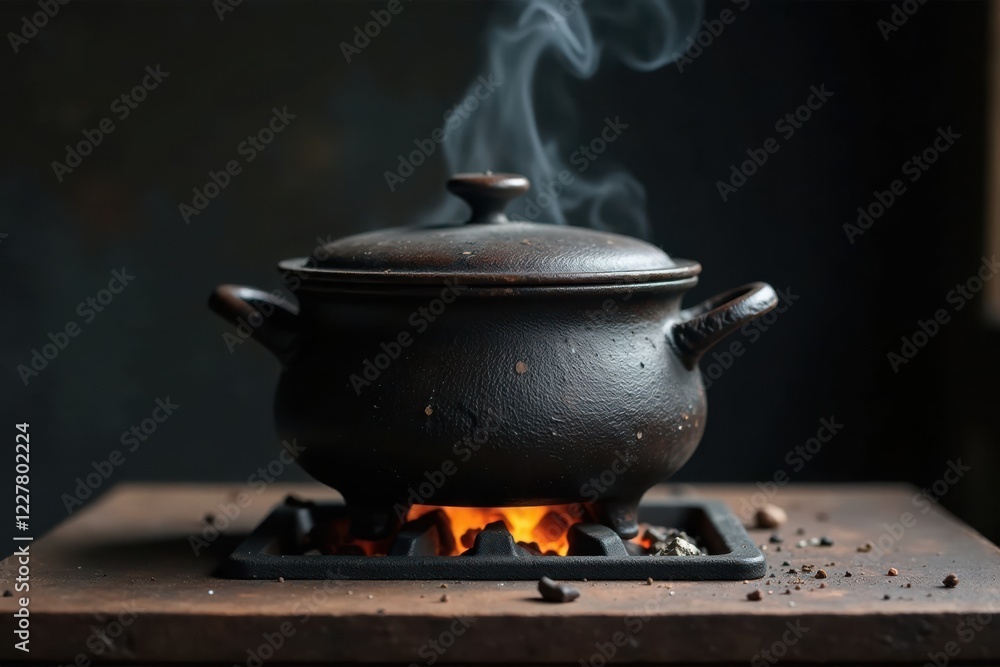 Aromatic Steam Rising from a Dark Ceramic Pot on a Rustic Stove Aromatic Steam Rising from a Dark Ceramic Pot on a Rustic Stove