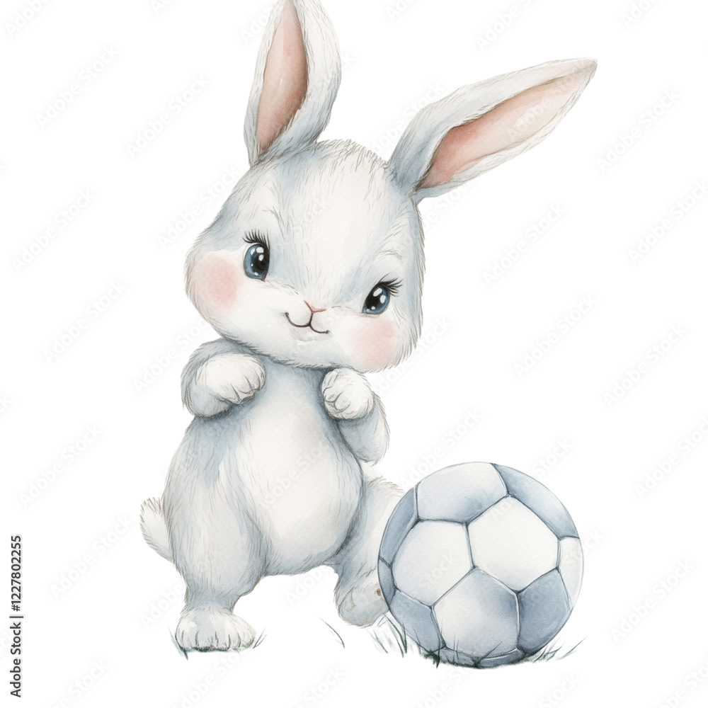 Fototapeta premium Cute Bunny Playing Soccer, Showcasing Playful Spirit and Joy in a Whimsical Setting