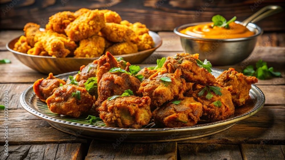 Fototapeta premium Crispy Fried Chicken & Mutton Pakora Platter - Indian Food Stock Photo