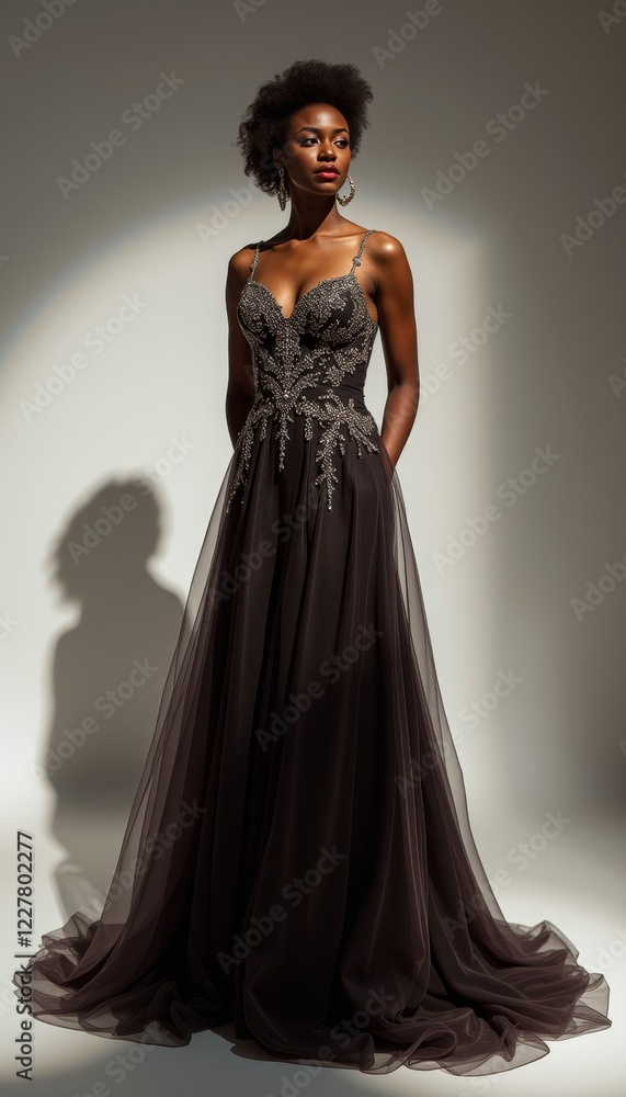 Elegant woman in a luxurious black gown with intricate beading and flowing fabric, posing confidently against a dramatic spotlight background. Elegant woman in a luxurious black gown with intricate beading and flowing fabric, posing confidently against a dramatic spotlight background.