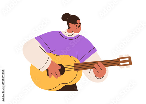 Woman playing acoustic guitar. Female musician performing music, melody with ...
