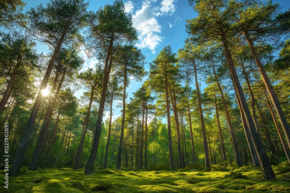 Fototapeta premium A tranquil pine forest with tall trees reaching for the sky, soft mossy ground, and sunlight breaking through
