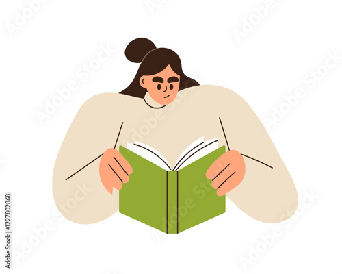 Woman reading book. Focused student character holding open textbook, engaged in learning, studying. Female reader. Education, knowledge concept. Flat vector illustration isolated on white background