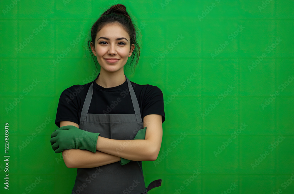 A woman in gardening stands with her arms crossed and smiles slightly, looking to the side on an isolated green background A woman in gardening stands with her arms crossed and smiles slightly, looking to the side on an isolated green background