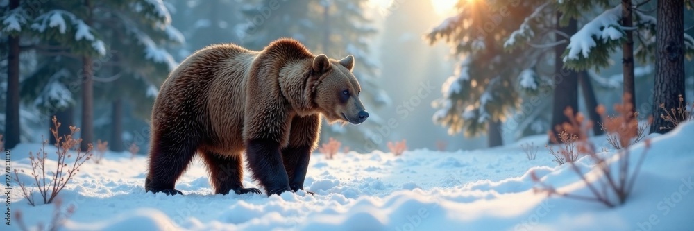 Obraz premium Brown bear in snowy forest landscape, wildlife, snow, brown bear