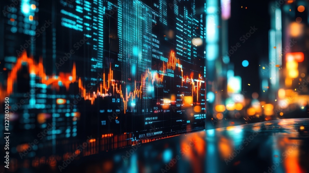Obraz premium Digital screen showing growing stock market data and financial figures in a futuristic city setting at night, representing investment, finance, and technology