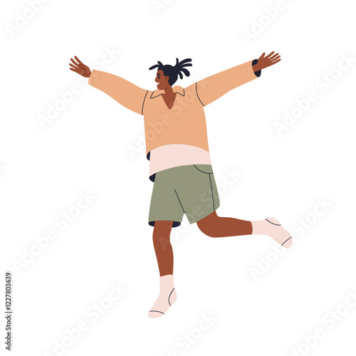 Happy man jumping, flying in air. Joyful energetic pose with arms outstretche...