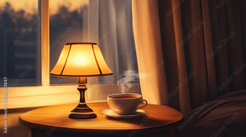 Evening tea by window, warm lamplight, cozy bedroom, relaxing scene Evening tea by window, warm lamplight, cozy bedroom, relaxing scene