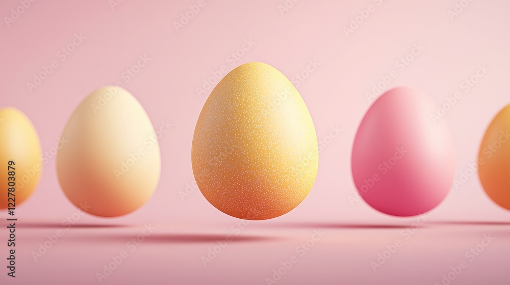 Fototapeta premium A colorful arrangement of pastel eggs on a soft pink background, symbolizing spring and celebration.