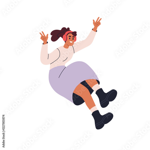 Young happy woman jumping up, listening music in headphones. Excited smiling girl in active joyful energetic pose, leaping, gesturing cool sign. Flat vector illustration isolated on white background