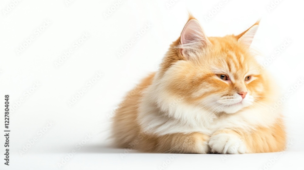 Majestic LaPerm Cat with Cream Fur Resting on White Background Isolated Portrait. Generative AI Majestic LaPerm Cat with Cream Fur Resting on White Background Isolated Portrait. Generative AI