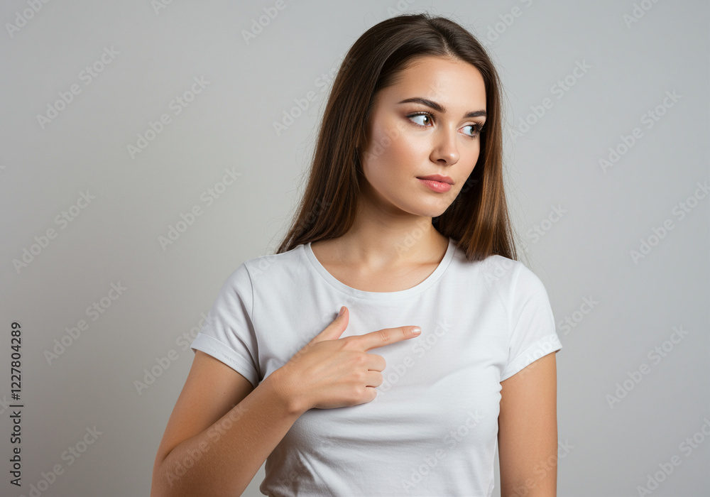 Woman pointing at herself with finger. Female model with long brown hair looks aside. Young woman in white t-shirt making pointing gesture Woman pointing at herself with finger. Female model with long brown hair looks aside. Young woman in white t-shirt making pointing gesture