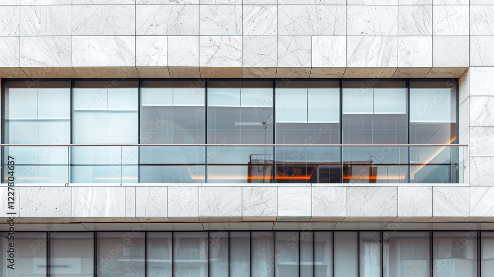 Fototapeta premium A modern building with a white marble facade and large windows.
